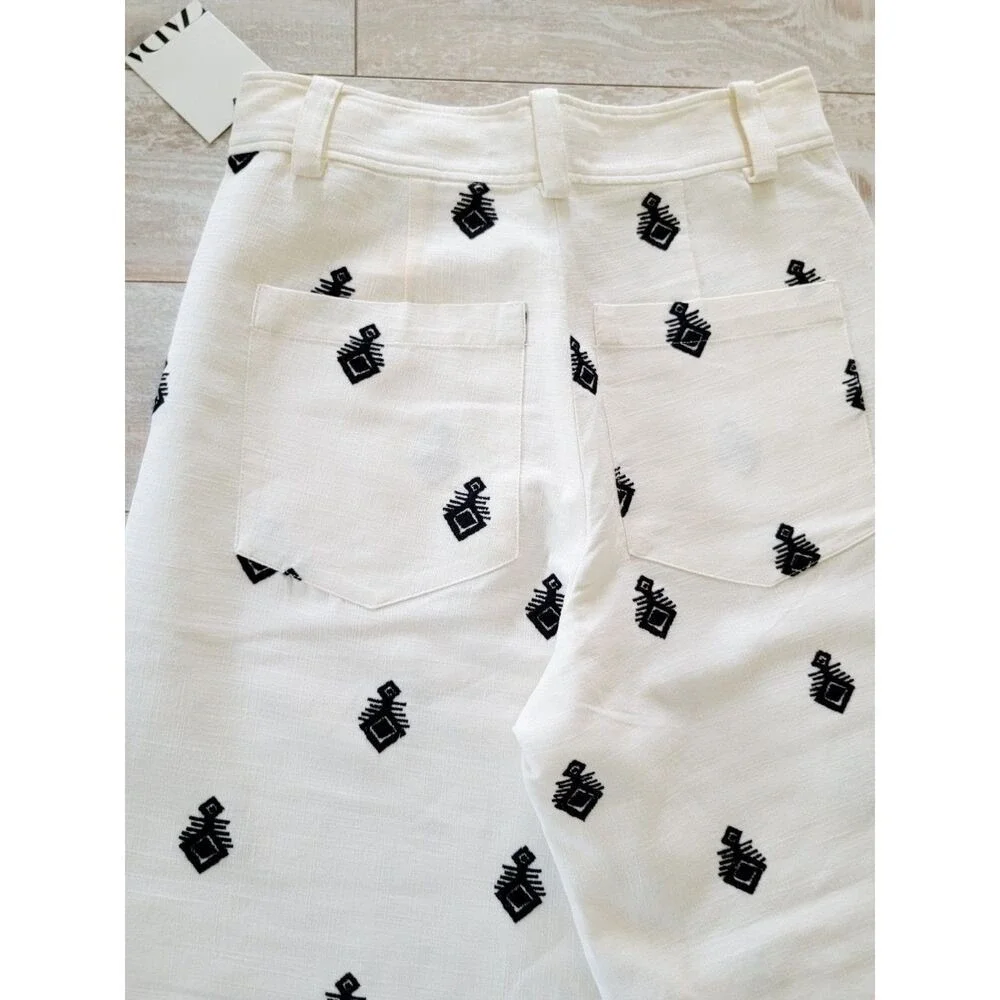 Zara Women's XS Embroidered Linen Wide Leg Pants Eggshell White Black NWT